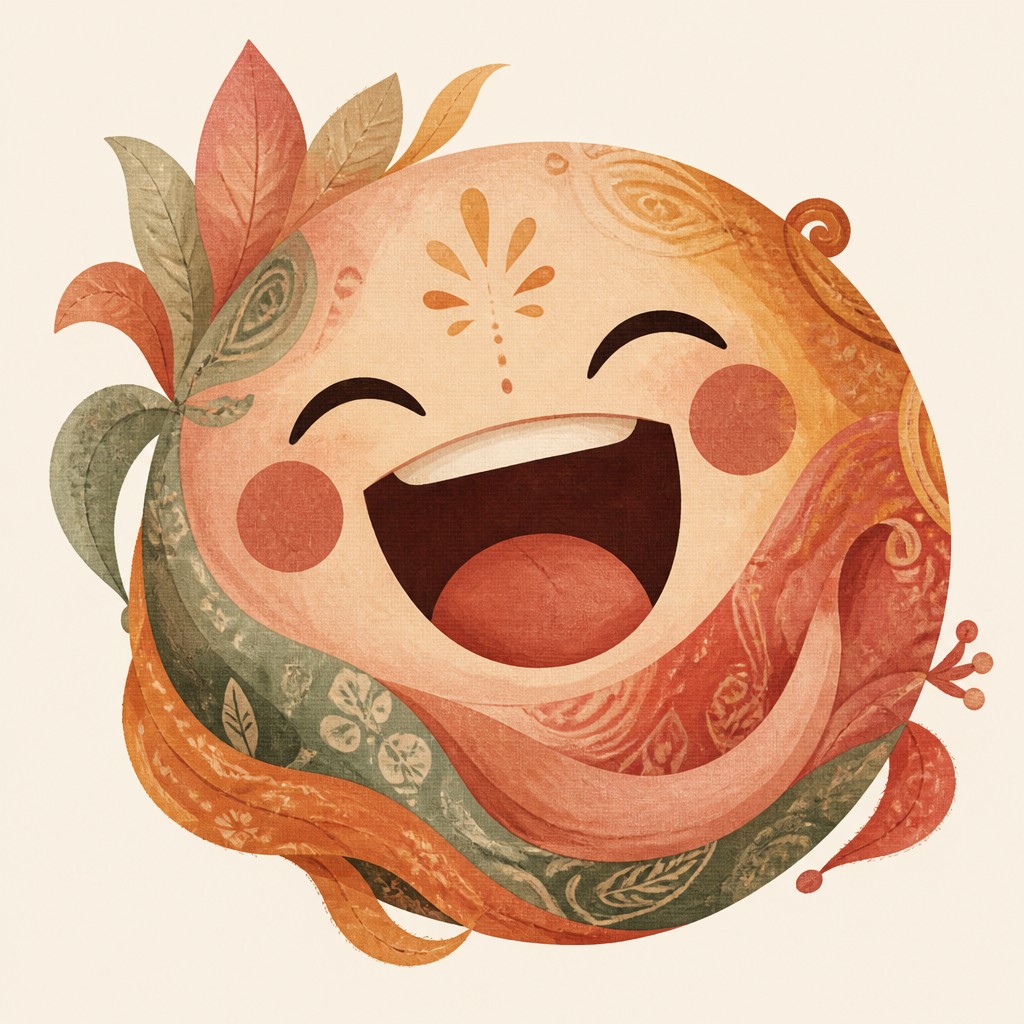 an exaggerated laughing face of an original round mascot character, bold and readable at small size, plain background, no text — Bohemian Fashion Design Twitch emote
