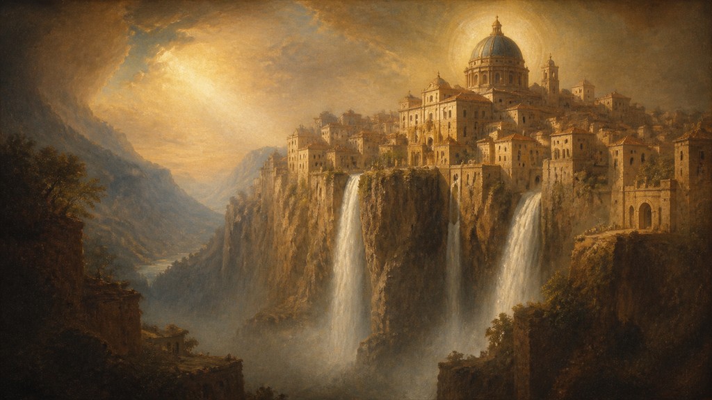 a cliffside city with waterfalls cascading into a misty canyon, wide establishing shot, no people, no text — Renaissance Religious Art concept art