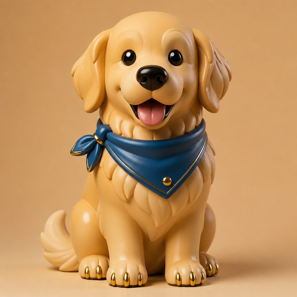 portrait of a golden retriever wearing a blue bandana, warm plain backdrop, no text — Art Toy Sculpture pet portrait