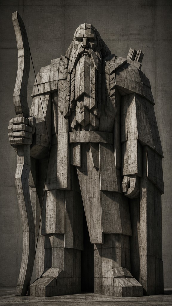 full-body original character: a dwarven ranger with a braided auburn beard, worn leather armor, a longbow and a wolf-pelt cloak, neutral background, no text — Brutalist Architecture Art tabletop character portrait