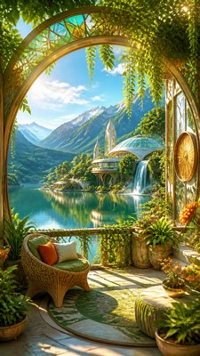 a tranquil mountain lake beneath a starry night sky, no people, no text — Solarpunk Aesthetic wallpaper