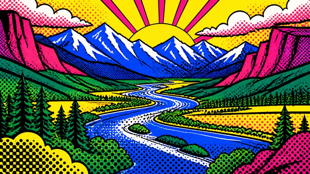 a vast valley with a river winding toward distant mountains at sunrise, no people, no text — Pop Art Still Life Art Style desktop wallpaper