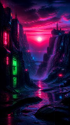 a desert canyon under a dramatic sunset sky, no people — Cyberpunk Art Style wallpaper