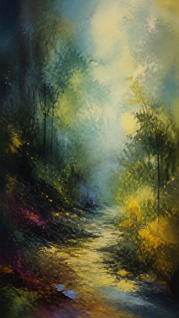 a mysterious forest path with fireflies and drifting mist, atmospheric vertical composition with open space at the top, no text — Abstract Landscape Art Style book cover