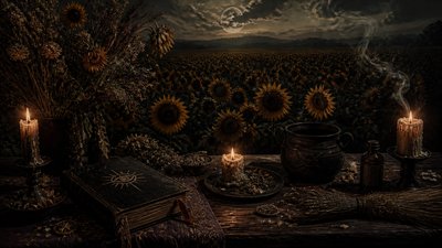 an endless field of sunflowers under summer clouds, no people — Witchcore Aesthetic wallpaper