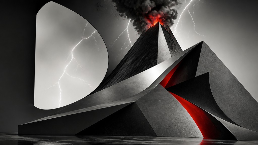 an erupting volcano with lightning strikes, dramatic wide composition, no text — Modern Abstract Sculpture Art Style YouTube thumbnail