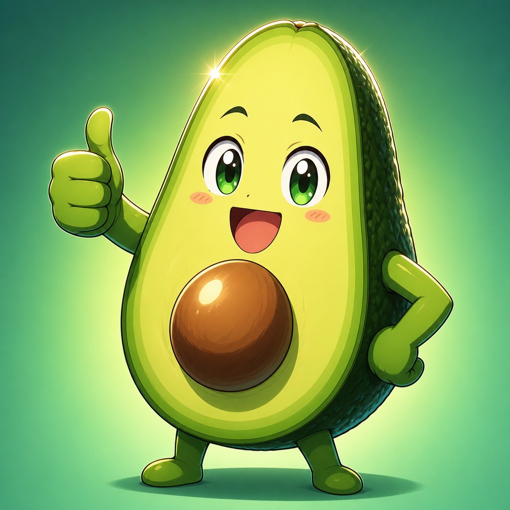 a happy avocado character giving a thumbs up, bold readable design on a plain background, no text — Anime Art Style sticker