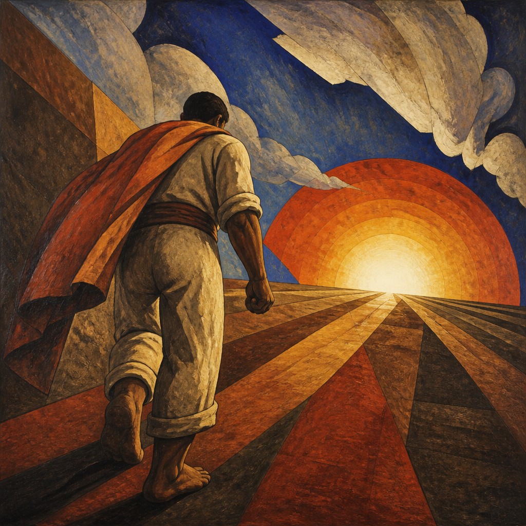 a solitary figure walking toward a glowing horizon across an empty plain, moody atmosphere, no text or lettering — Mexican Muralism Art Style album cover