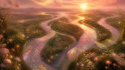 a wide river delta seen from above at sunset, no people — Fairycore Aesthetic wallpaper