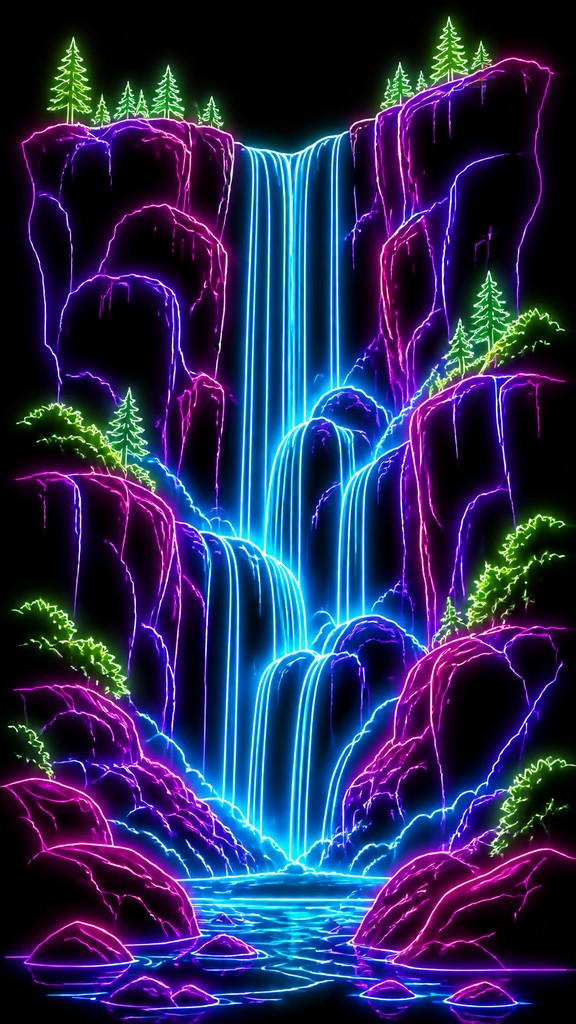 towering waterfall cascading down a cliff — Neon Outline Style