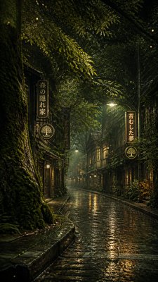 a quiet rainy city street at night reflecting neon signs, no people — Forestcore Aesthetic wallpaper
