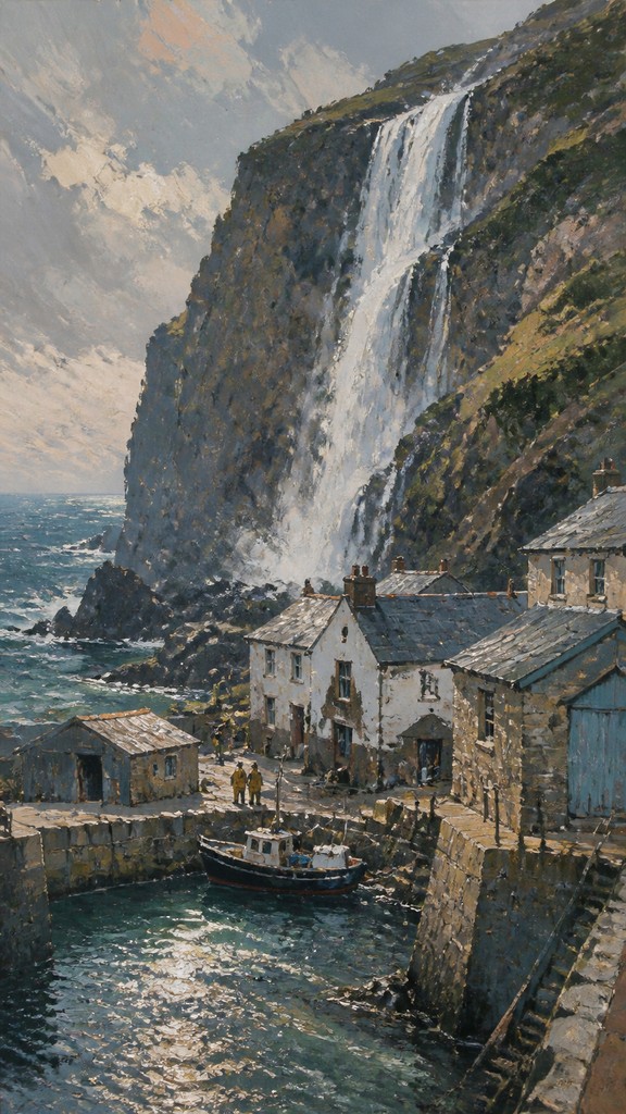 towering waterfall cascading down a cliff — Cornwall Plein Air Art Style
