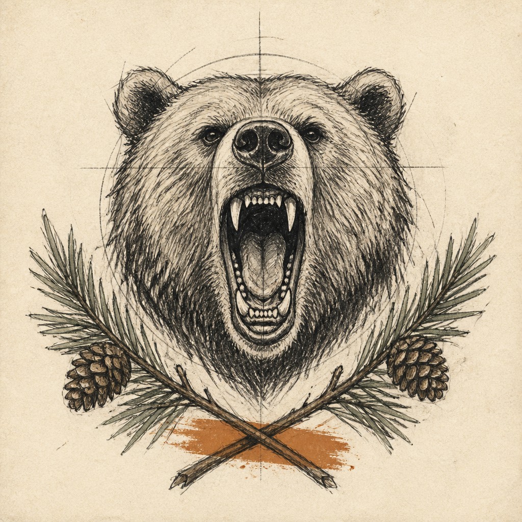 a roaring bear head above crossed pine branches, bold graphic composition on a plain background, no text — Hand-Drawn Icon Design t-shirt design