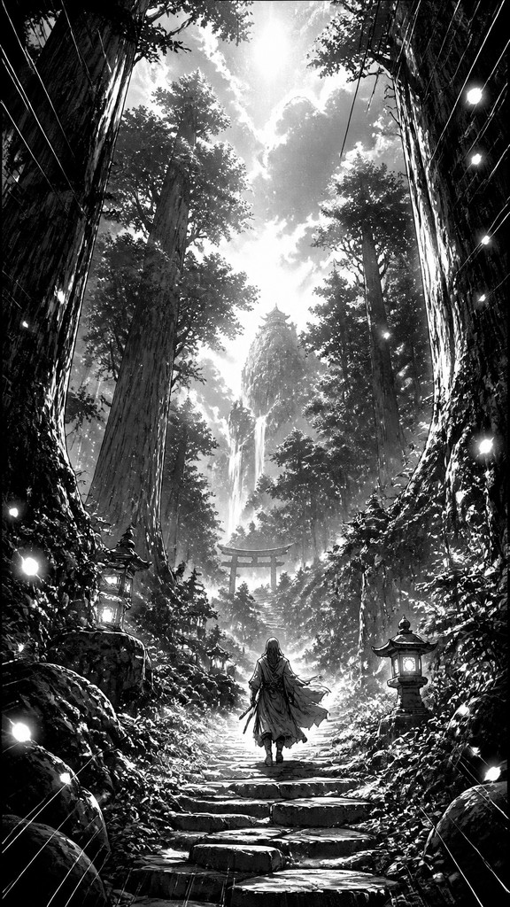 a mysterious forest path with fireflies and drifting mist, atmospheric vertical composition with open space at the top, no text — Fantasy Adventure Manga Art Style book cover