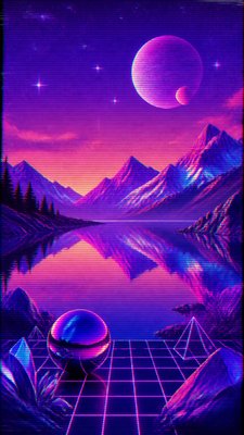 a tranquil mountain lake beneath a starry night sky, no people, no text — Vaporwave Art Style wallpaper