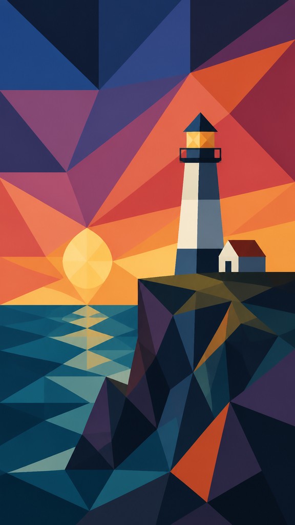 a lone lighthouse on a cliff at dusk under a dramatic sky, no text or lettering — Geometric Abstract Art Style poster