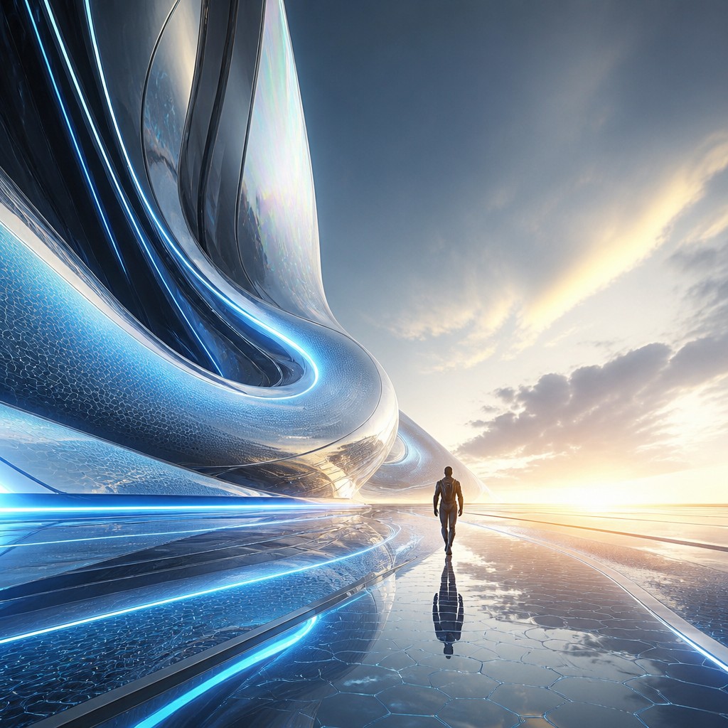 a solitary figure walking toward a glowing horizon across an empty plain, moody atmosphere, no text or lettering — Futuristic Architecture Art album cover