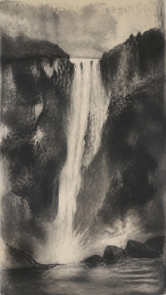 towering waterfall cascading down a cliff — Monotype Print Style