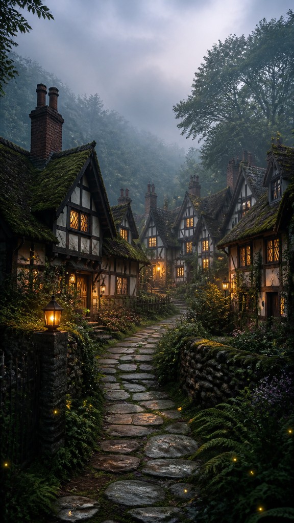 a mysterious forest path with fireflies and drifting mist, atmospheric vertical composition with open space at the top, no text — Tudor Architecture Style book cover