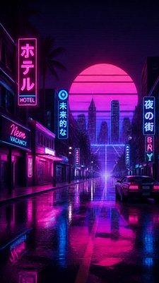 a quiet rainy city street at night reflecting neon signs, no people — Synthwave Aesthetic wallpaper