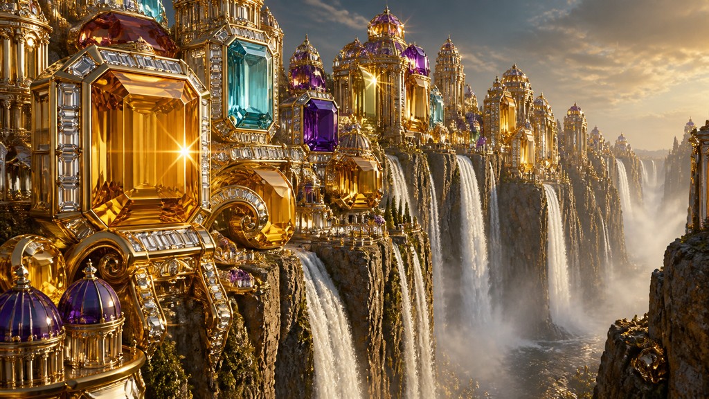 a cliffside city with waterfalls cascading into a misty canyon, wide establishing shot, no people, no text — Cocktail Ring Era Jewelry Style concept art
