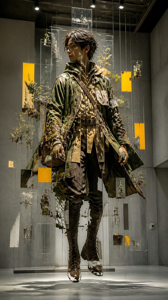 full-body original character: a wandering botanist with a satchel of plants, a patched green cloak, tall boots and round glasses, neutral background — Installation Modern Art Style character design