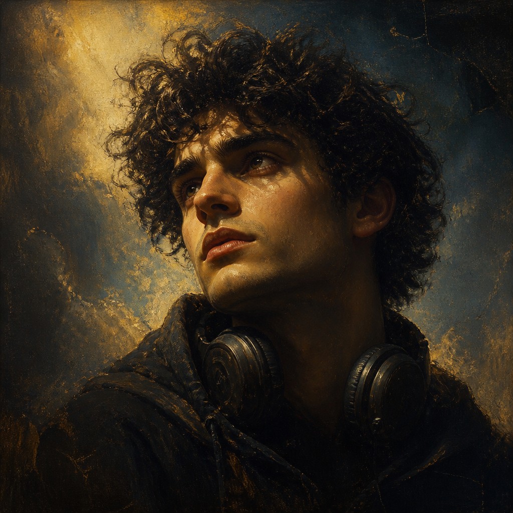 head-and-shoulders portrait of an original character: a young man with curly dark hair and headphones around his neck, plain backdrop, no text — Romantic Landscape Art Style Discord profile picture