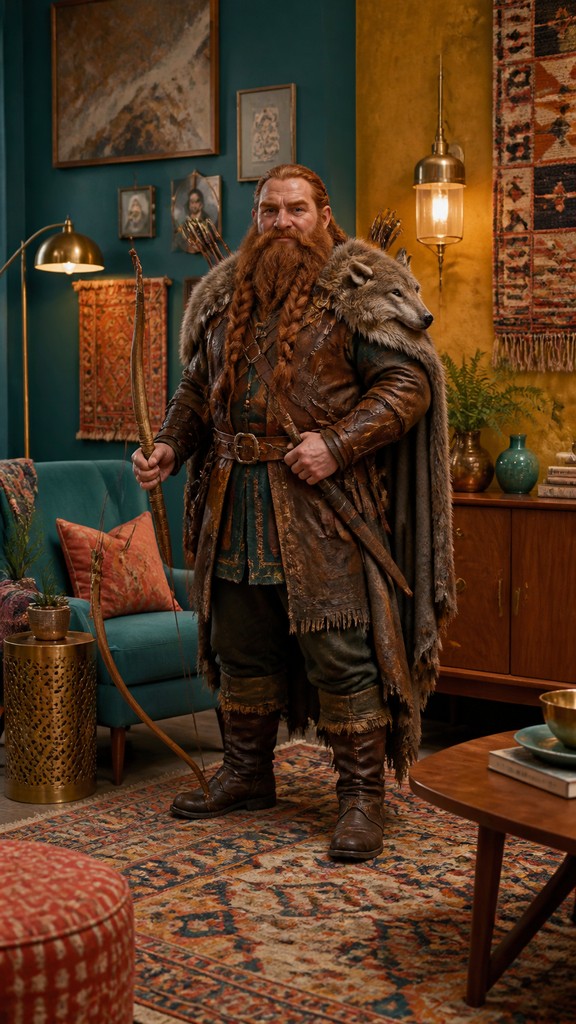 full-body original character: a dwarven ranger with a braided auburn beard, worn leather armor, a longbow and a wolf-pelt cloak, neutral background, no text — Eclectic Interior Design tabletop character portrait