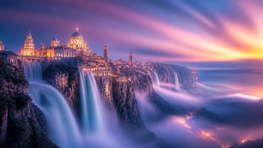a cliffside city with waterfalls cascading into a misty canyon, wide establishing shot, no people, no text — Long Exposure Photography Style concept art