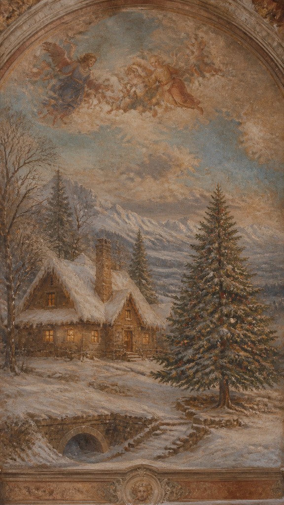 a snow-covered cottage with warm glowing windows beside a decorated pine tree, gentle snowfall, no text — Fresco Narrative Renaissance Art Style Christmas card