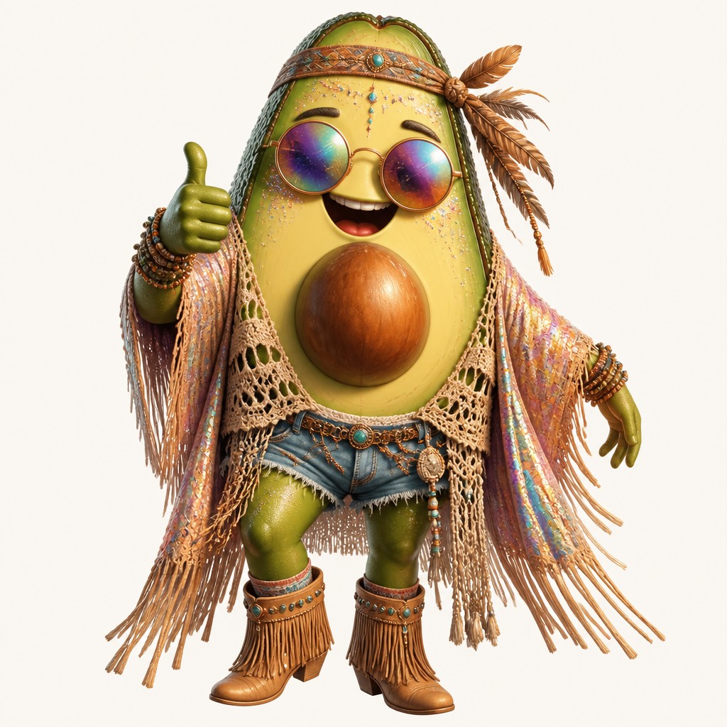 a happy avocado character giving a thumbs up, bold readable design on a plain background, no text — Festival Fashion Style sticker