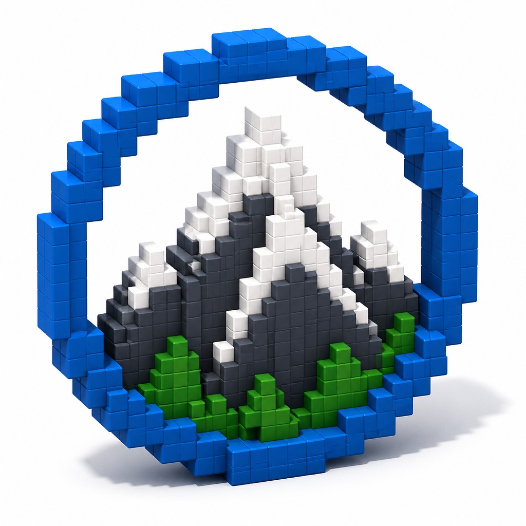 an emblem of a mountain peak inside a circle, simple bold shapes on a plain background, no text or lettering — Voxel Art Style logo concept