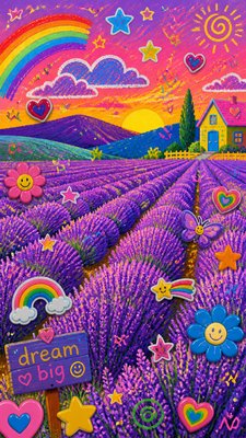 a field of lavender stretching to distant hills at dusk, no people — Kidcore Aesthetic wallpaper
