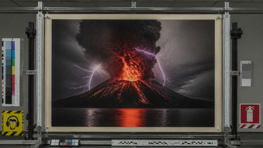 an erupting volcano with lightning strikes, dramatic wide composition, no text — Institutional Critique Conceptual Art Style YouTube thumbnail