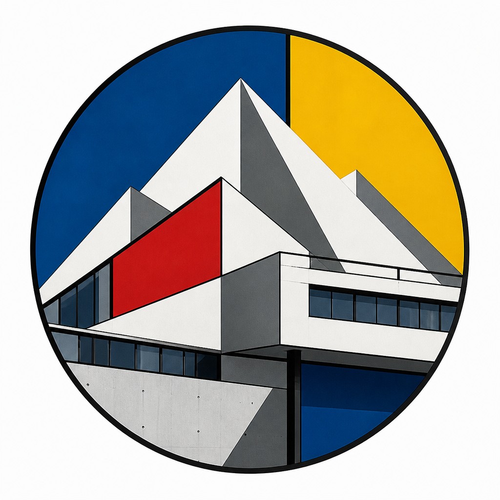 an emblem of a mountain peak inside a circle, simple bold shapes on a plain background, no text or lettering — Bauhaus Architecture logo concept