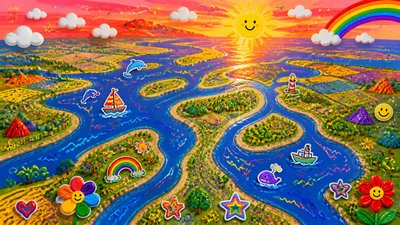 a wide river delta seen from above at sunset, no people — Kidcore Aesthetic wallpaper