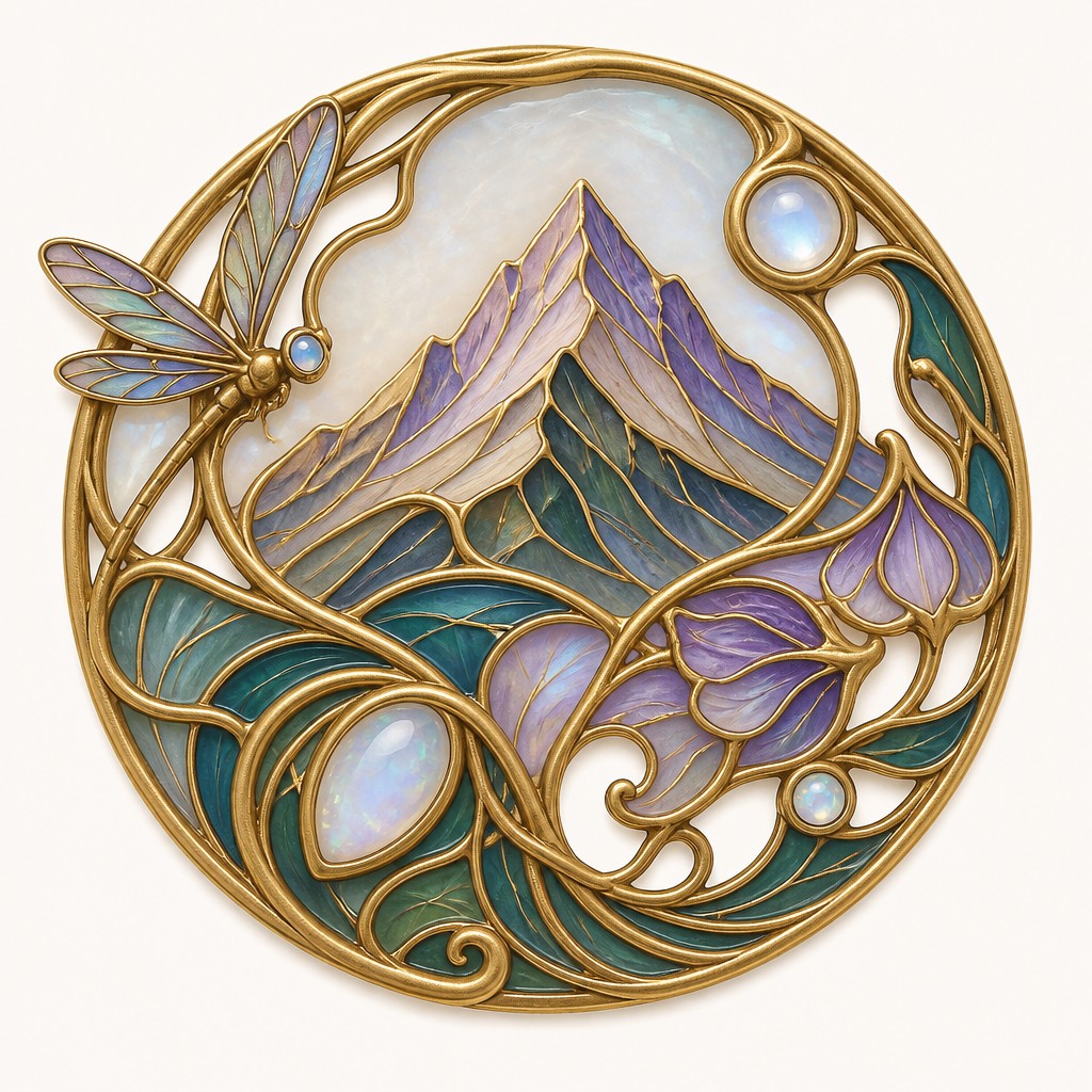 an emblem of a mountain peak inside a circle, simple bold shapes on a plain background, no text or lettering — Art Nouveau Jewelry Design logo concept