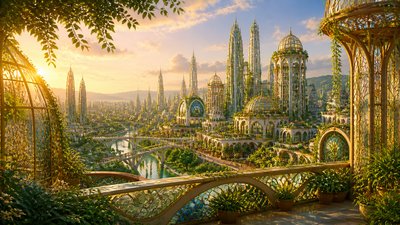 a city skyline panorama at dusk with glowing windows, no people — Solarpunk Aesthetic wallpaper
