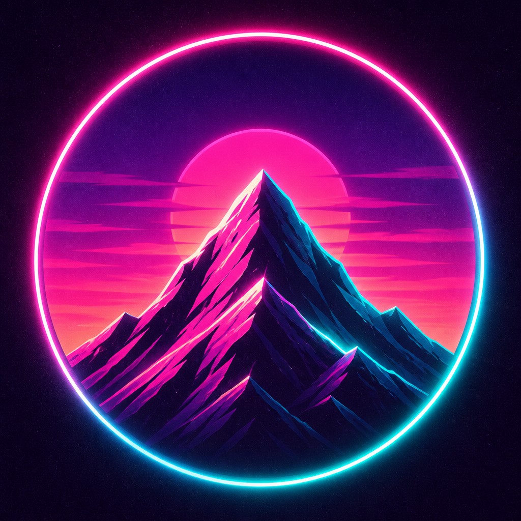 an emblem of a mountain peak inside a circle, simple bold shapes on a plain background, no text or lettering — Miami Vice logo concept