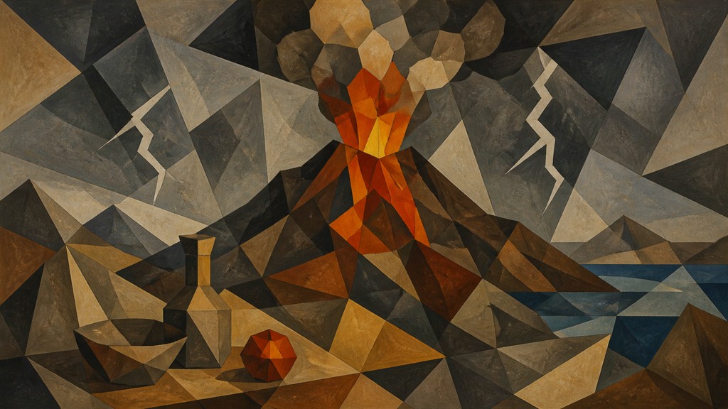 an erupting volcano with lightning strikes, dramatic wide composition, no text — Cubist Still Life Art Style YouTube thumbnail