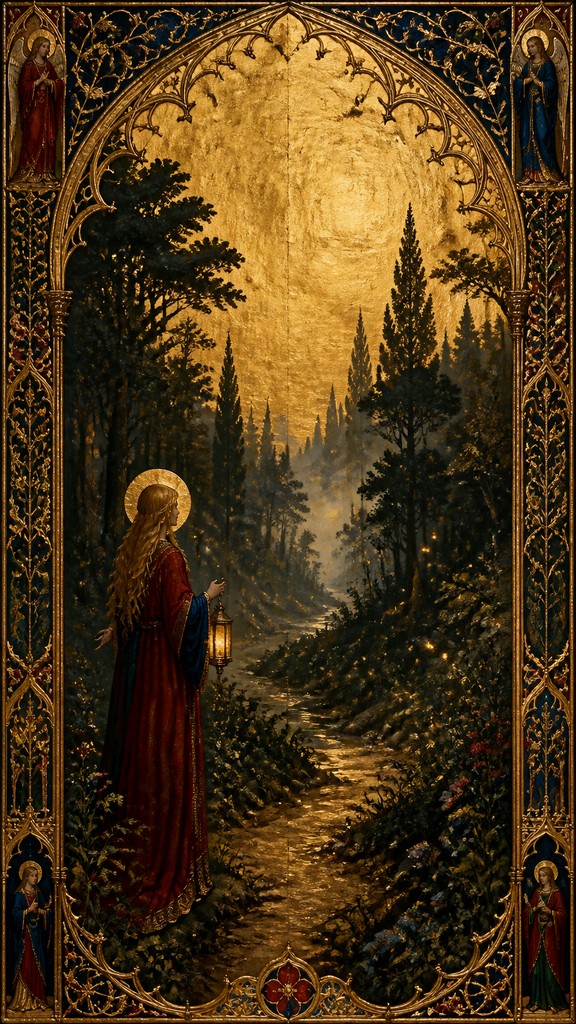 a mysterious forest path with fireflies and drifting mist, atmospheric vertical composition with open space at the top, no text — Gothic Art Style book cover