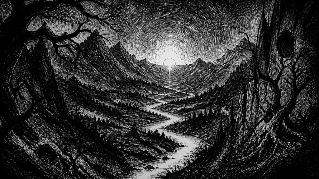 a vast valley with a river winding toward distant mountains at sunrise, no people, no text — Horror Manga Art Style desktop wallpaper