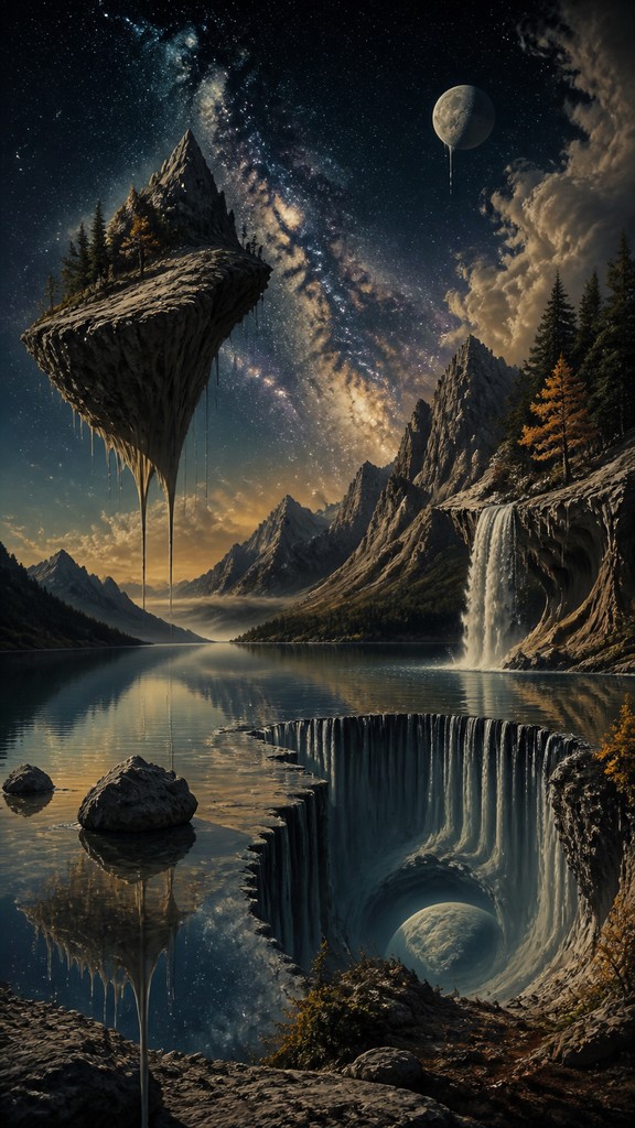 a tranquil mountain lake beneath a starry night sky, no people, no text — Surrealism Art Style phone wallpaper