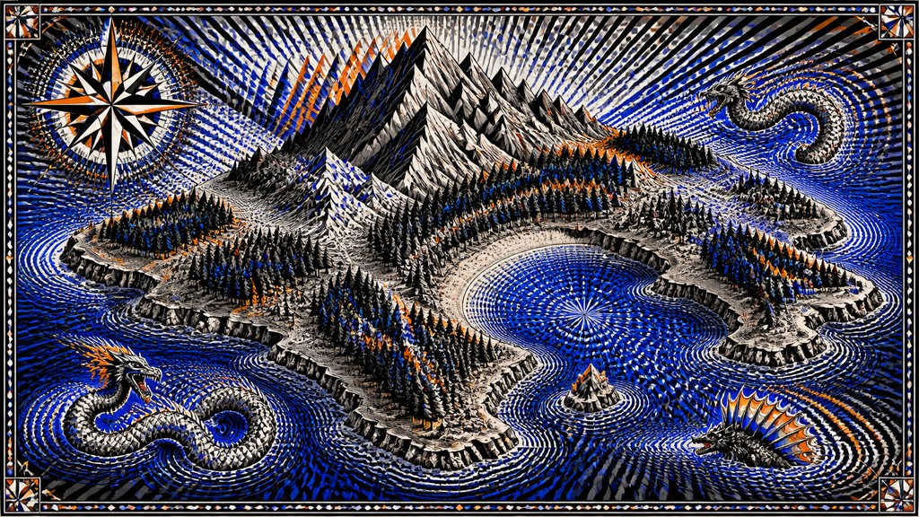 a map of an island realm with mountains, forests, a sheltered bay, sea monsters in the water and a compass rose, no text labels — Kinetic Art Style fantasy map