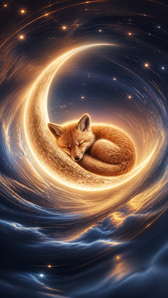 a sleeping baby fox curled on a crescent moon among soft stars, gentle and warm, no text — Long Exposure Photography Style baby announcement