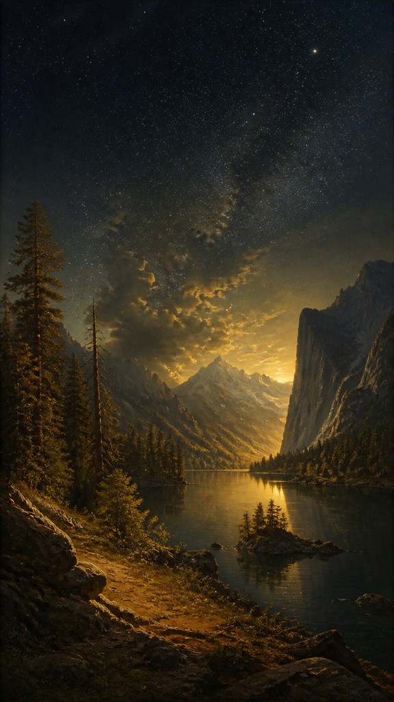 a tranquil mountain lake beneath a starry night sky, no people, no text — Hudson River School Art Style phone wallpaper