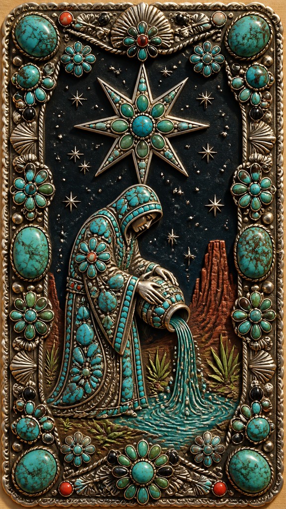 a robed figure pouring water beneath a large eight-pointed star in a night sky, symmetrical composition with an ornate decorative border, no text — Southwestern Turquoise Jewelry Style tarot card
