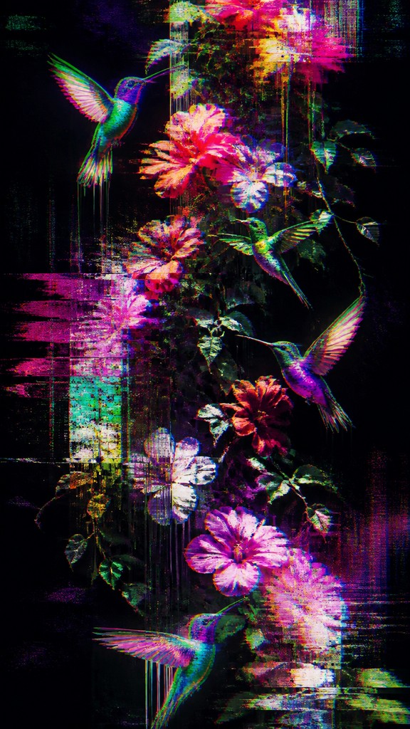a climbing vine of flowers and hummingbirds on a dark background, tall wrapping composition, no text — Digital Glitch Abstract Art Style phone case design