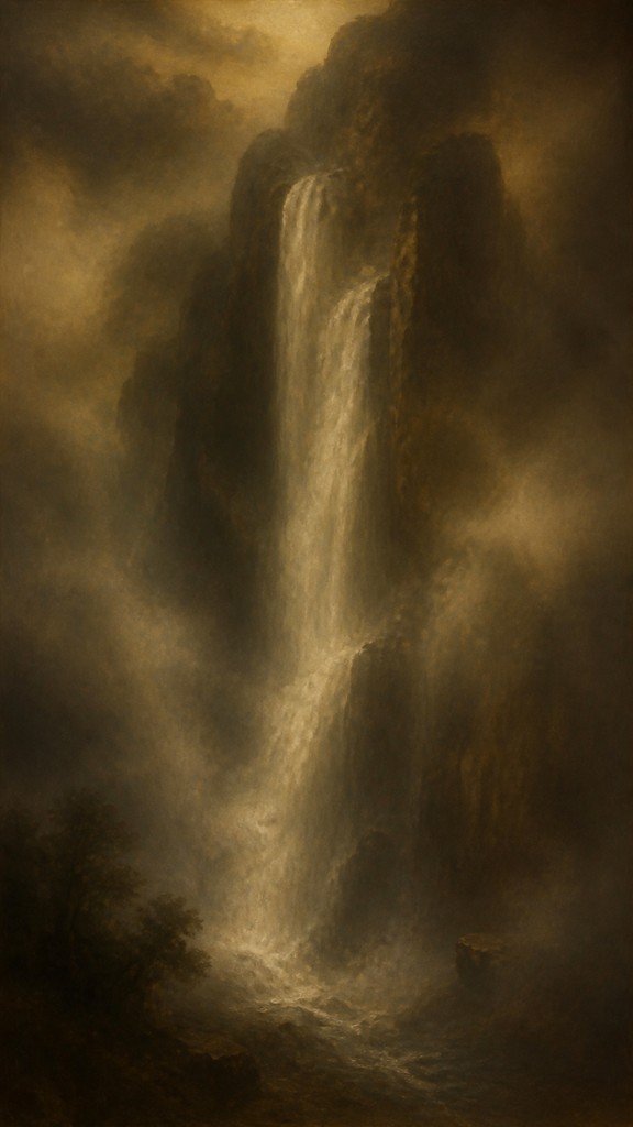 towering waterfall cascading down a cliff — Sfumato Portrait Renaissance Art Style