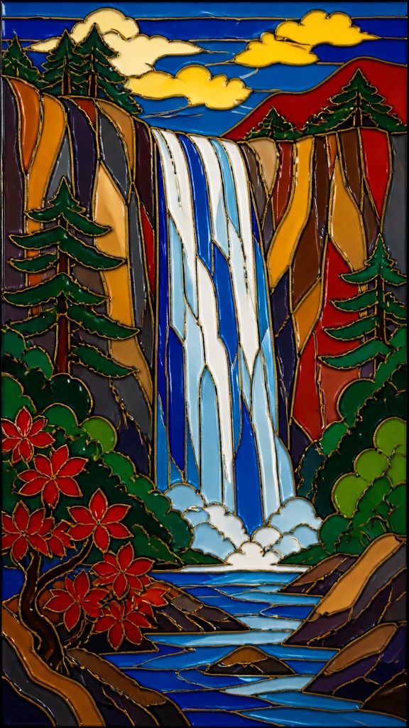 towering waterfall cascading down a cliff — Cloisonnism Art Style